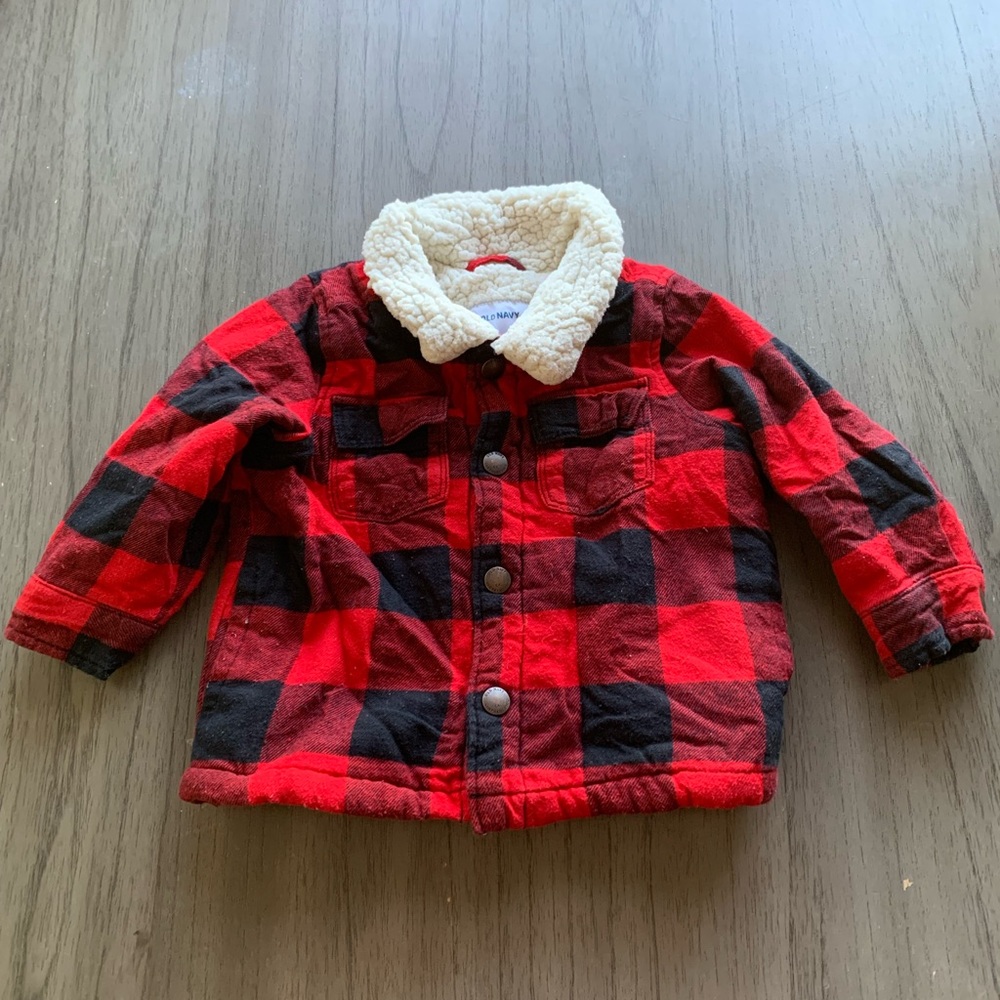 Old Navy Red and Black Plaid Jacket with Cream Sherpa Collar